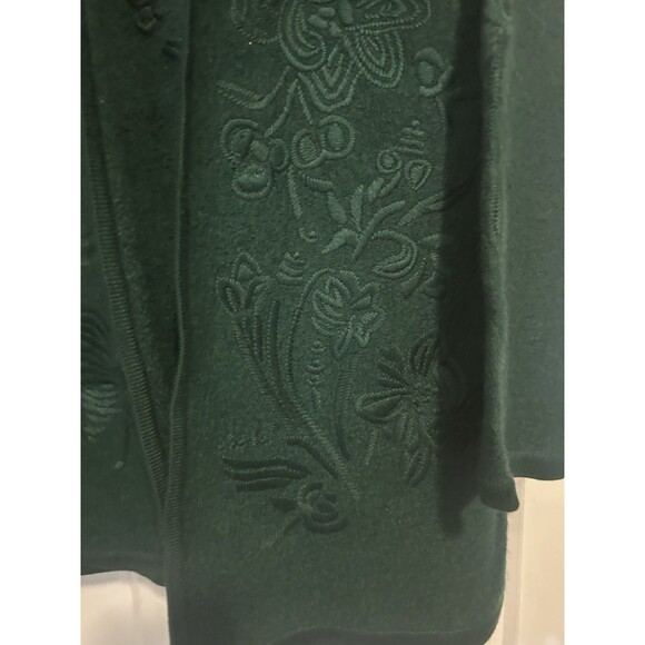 Women's Open Knit Long Cardigan Sweater Embroidered Size Medium Dark Green Wool - Picture 2 of 6